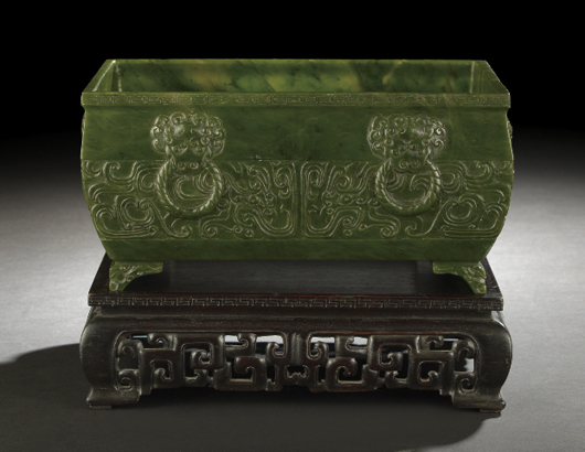 One lot in a large collection offered for sale, this rectangular planter of Siberian spinach jade brought $18,000 last October at New Orleans Auction Galleries. Courtesy New Orleans Auction Galleries